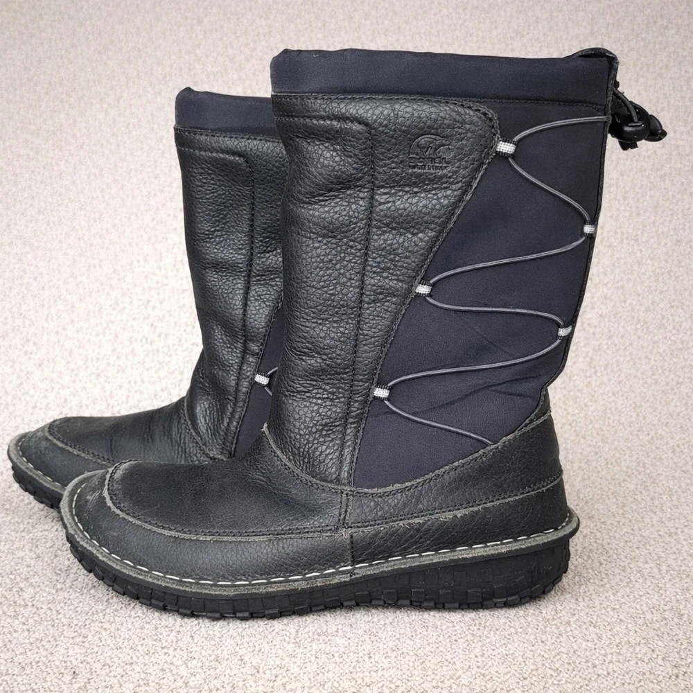 Sorel Teslin Black Pebble Waterproof Leather Winter Boots Size 7 Thinsulate